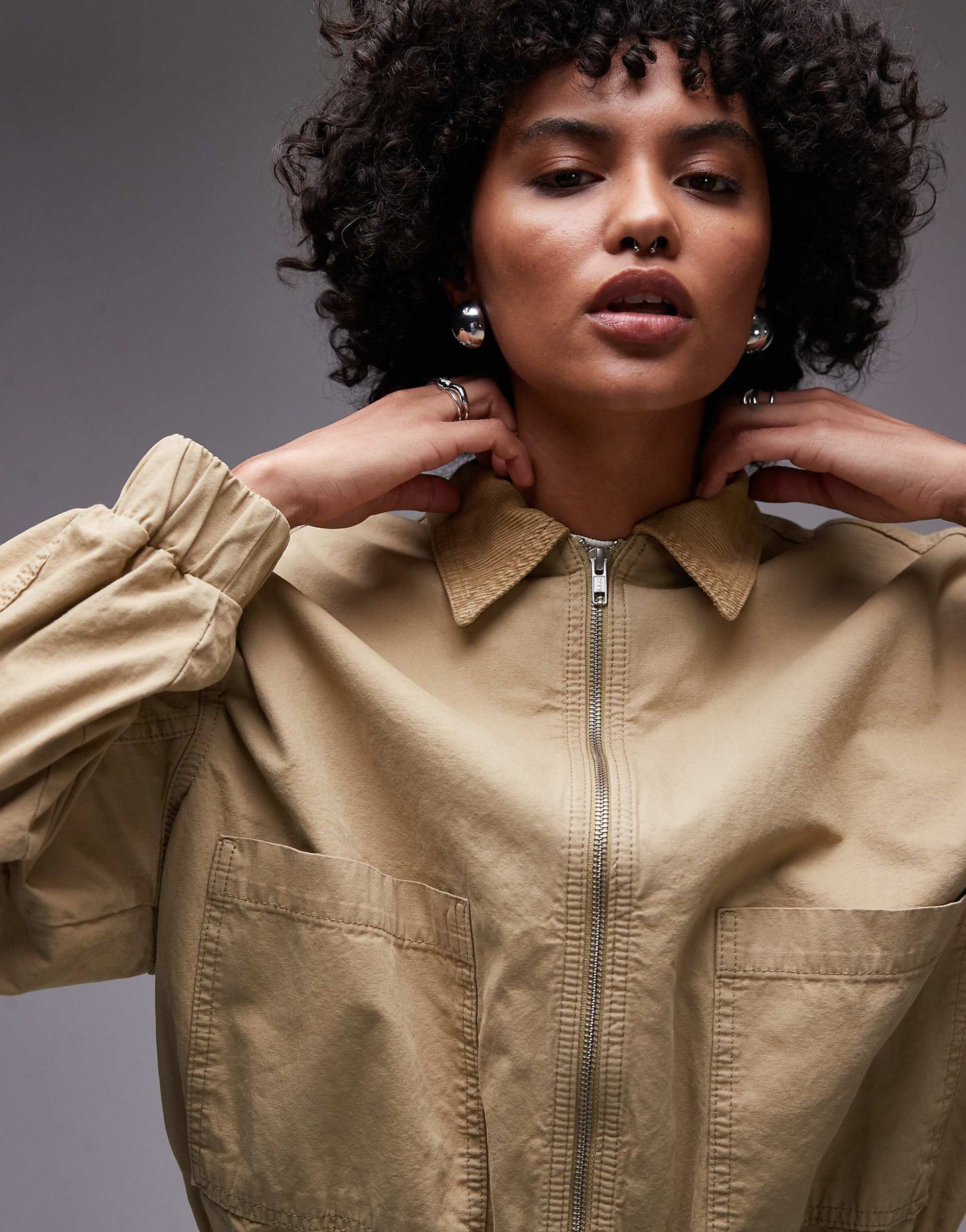 Cotton Bomber Jacket With Cord Collar