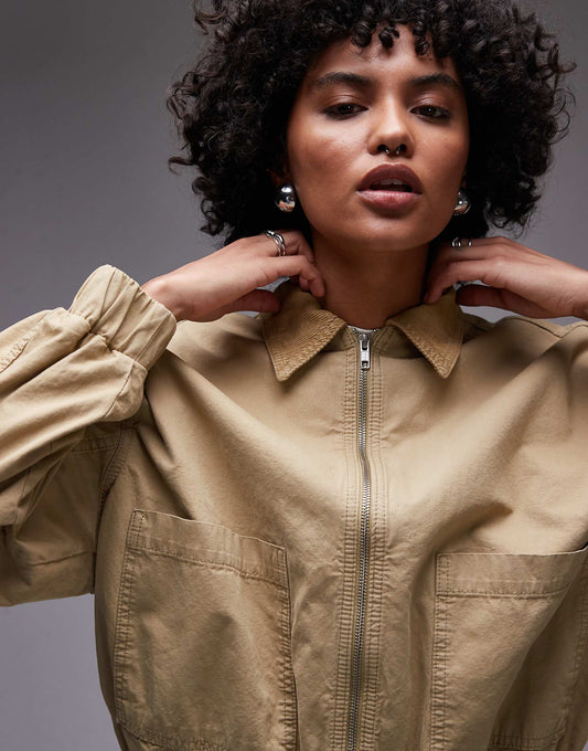 Cotton Bomber Jacket With Cord Collar