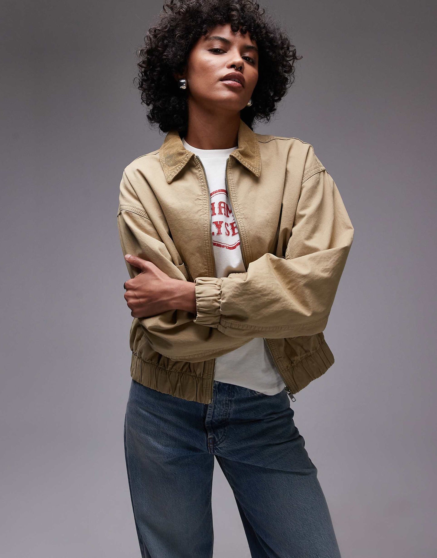 Cotton Bomber Jacket With Cord Collar