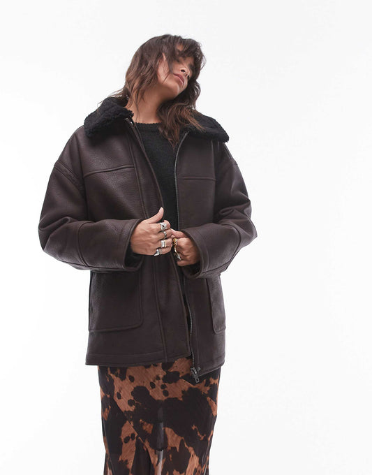 Faux Leather Borg Shearling Midi Aviator Jacket