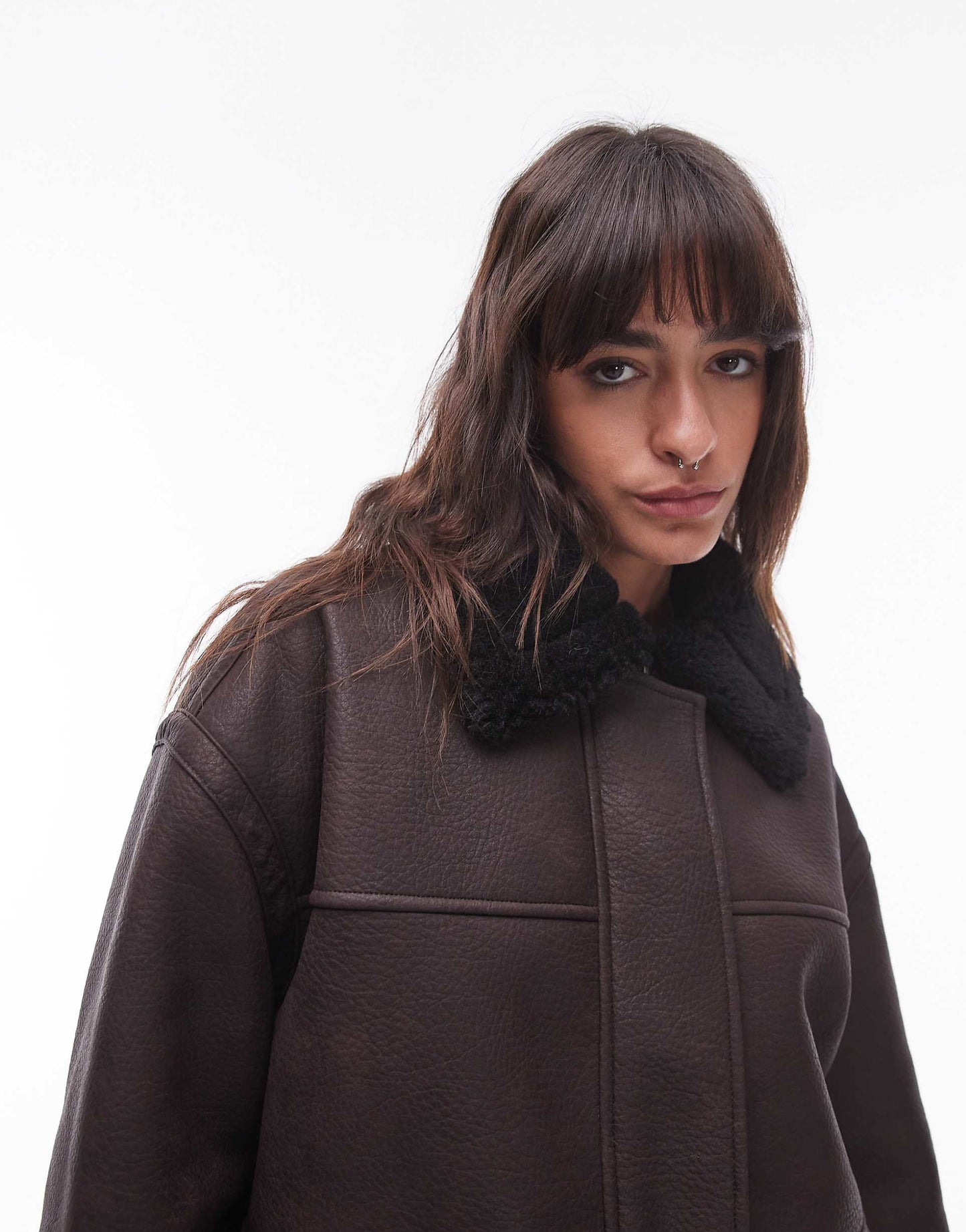 Faux Leather Borg Shearling Midi Aviator Jacket