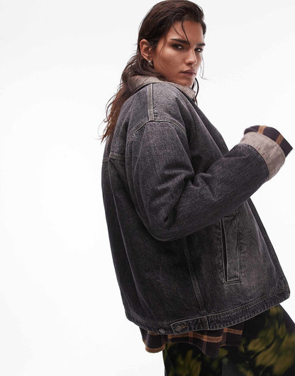 Denim Padded Barn Jacket With Contrast Collar