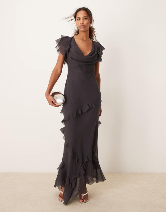 Cowl Neck Frill Sleeve Ruffle Maxi Dress