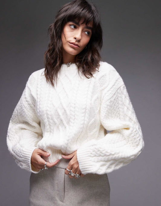 Knitted Curved Sleeve Cable Oversized Jumper