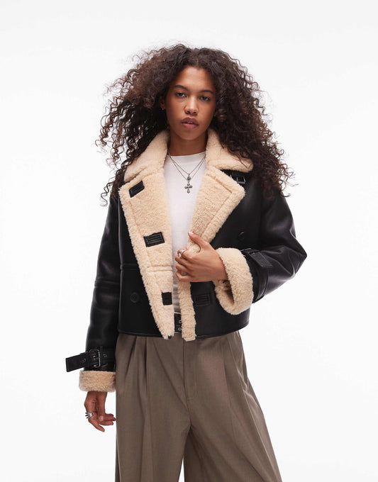 Faux Leather Borg Shearling Cropped Aviator Jacket