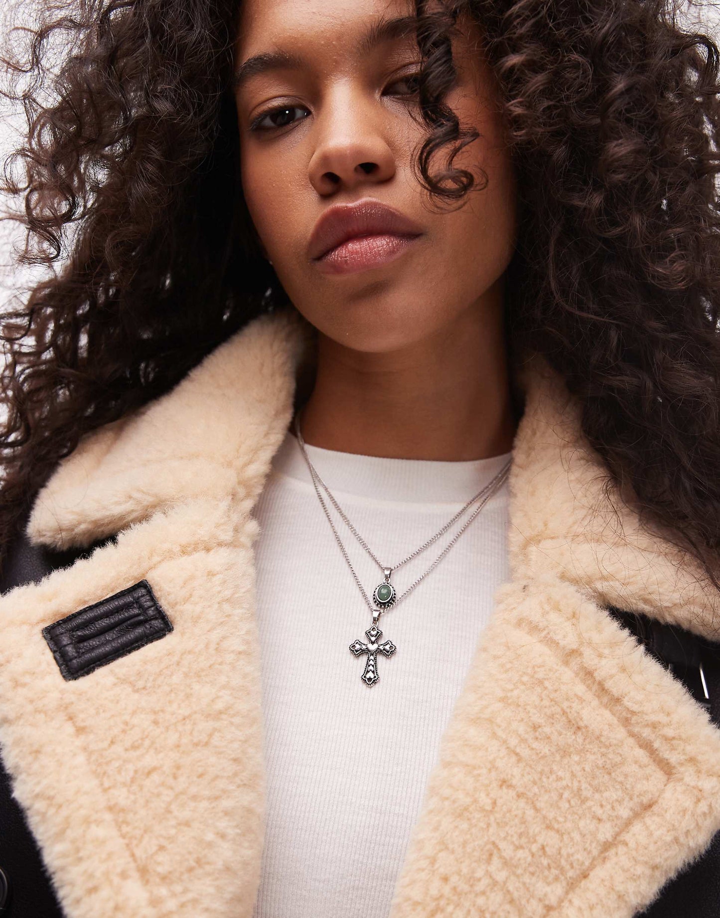 Faux Leather Borg Shearling Cropped Aviator Jacket