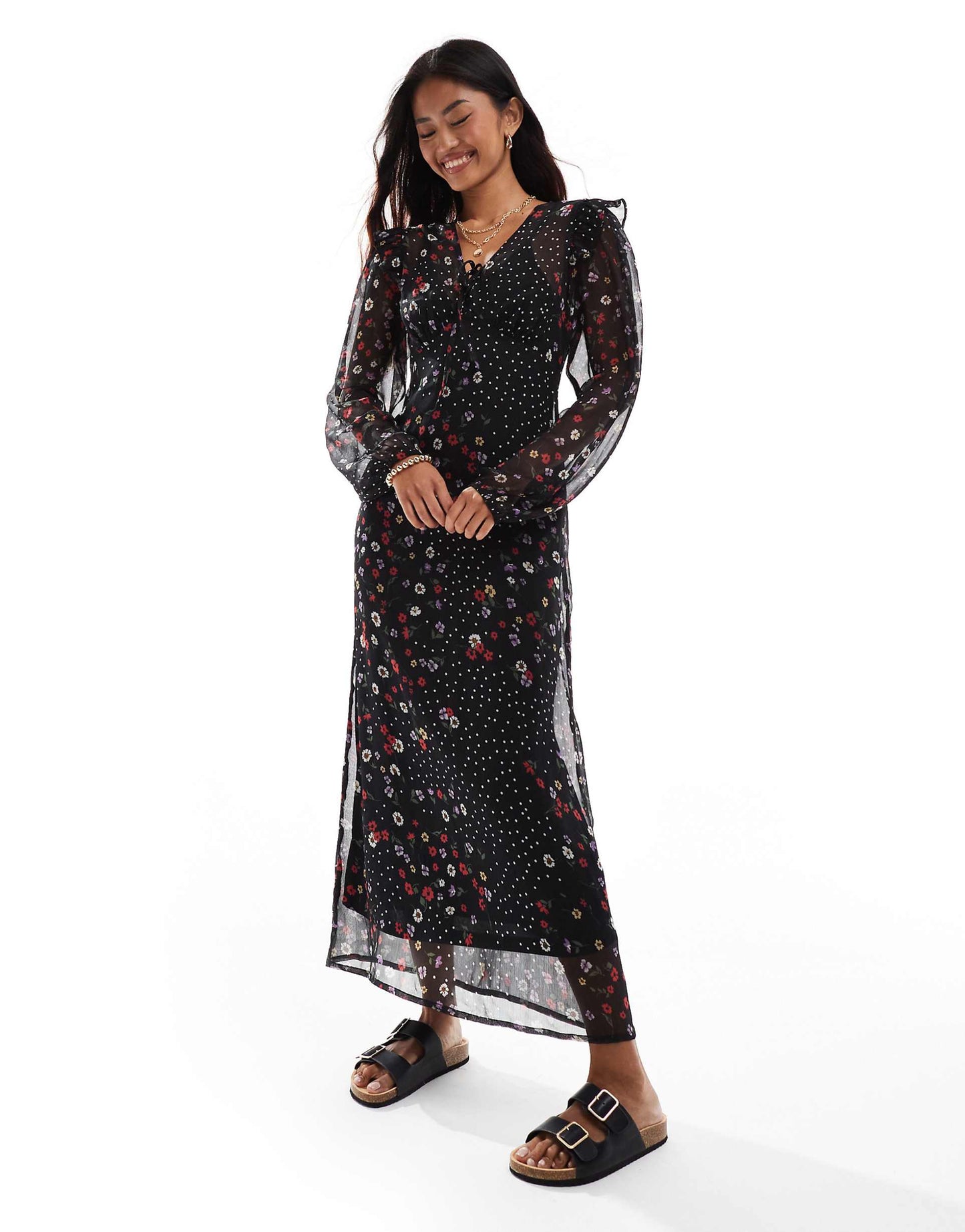 Floral And Polka Dot Ruffle Midaxi Dress