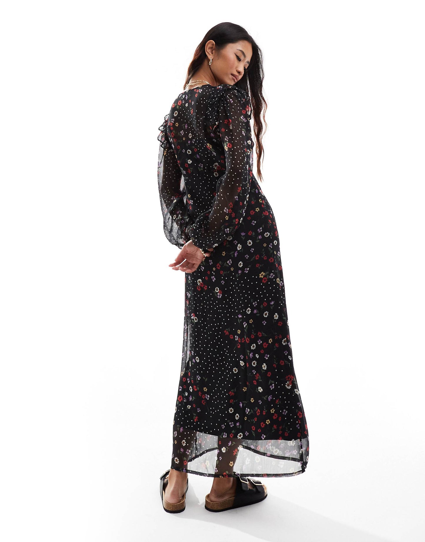 Floral And Polka Dot Ruffle Midaxi Dress