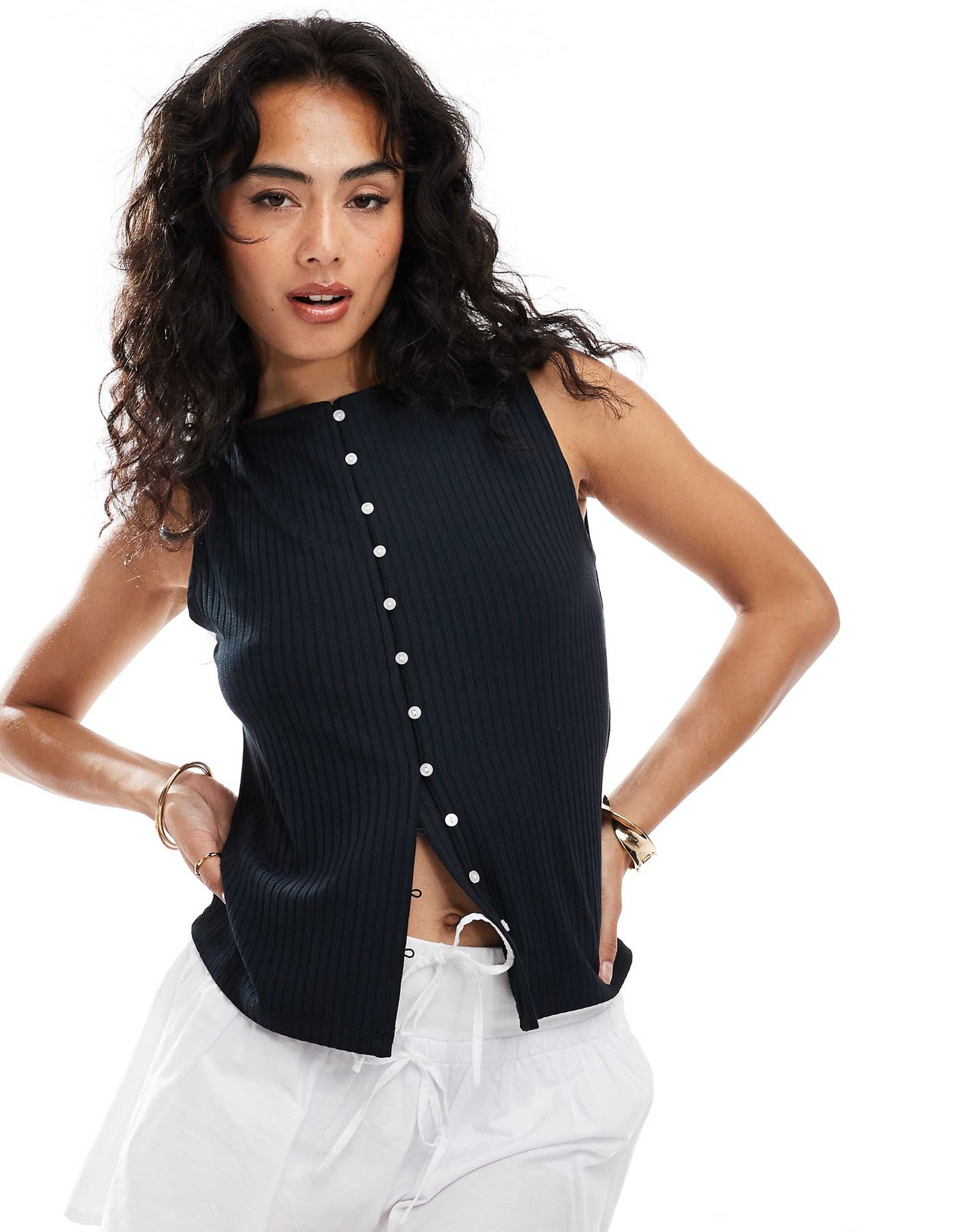 Ribbed Slashed Button Through Sleeveless Top