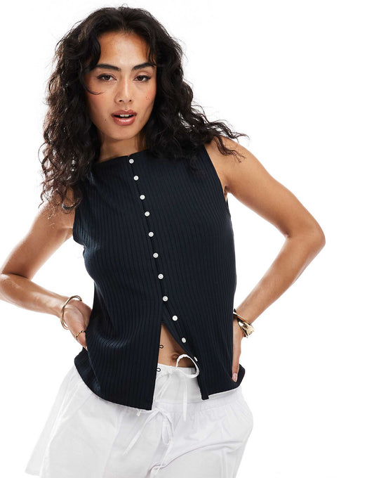 Ribbed Slashed Button Through Sleeveless Top