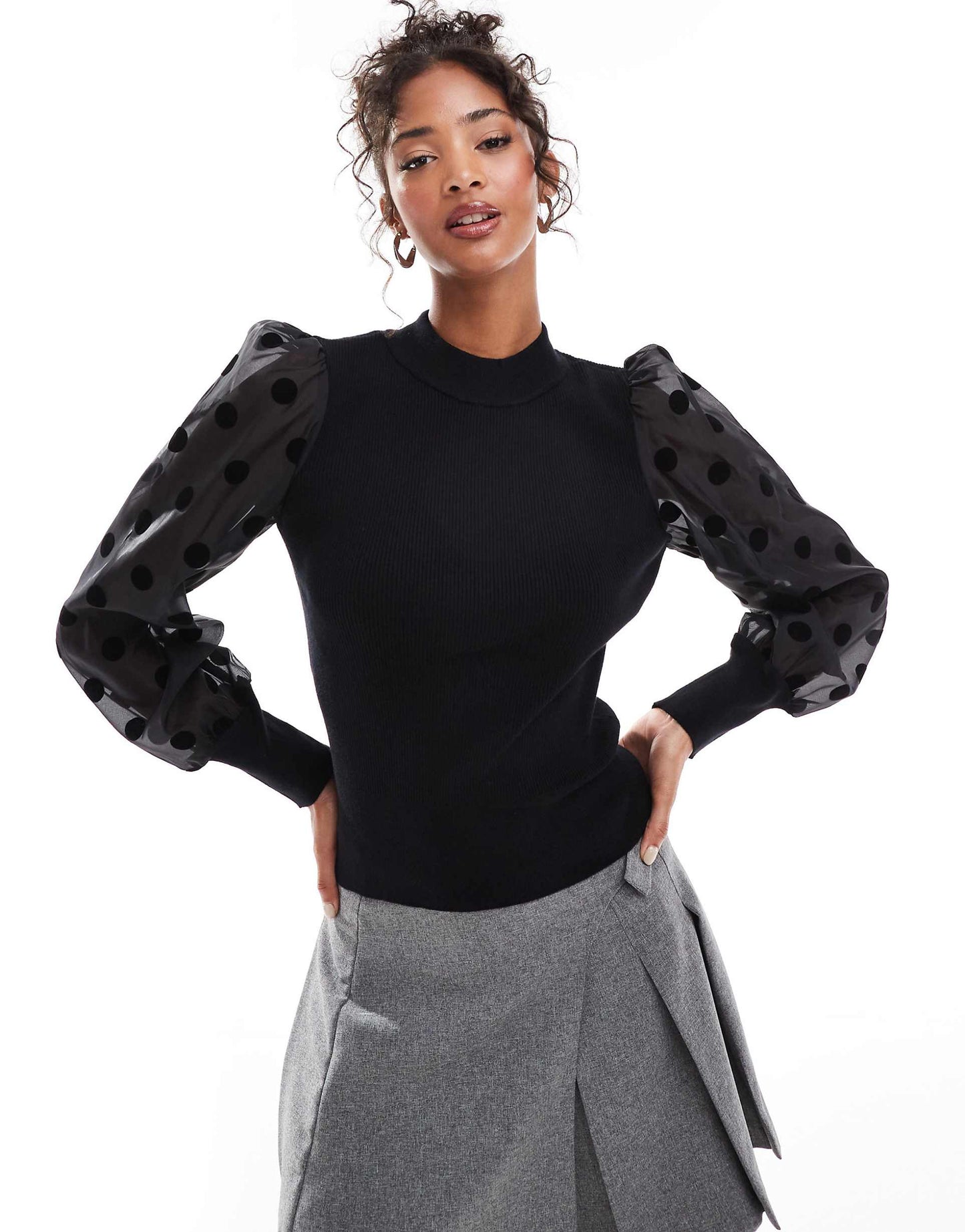Polka Dot Sheer Sleeve Knitted Jumper