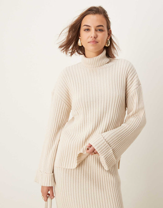 Knitted Roll Neck Jumper Co-Ord With Turn Up Sleeves