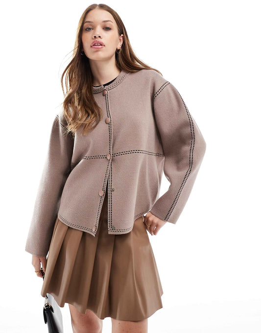 Contrast Stitch Knitted Bomber Jacket