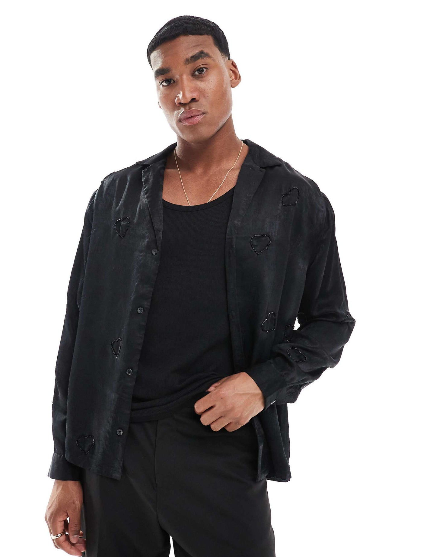 Deep Revere Satin Shirt With Heart Embellishment