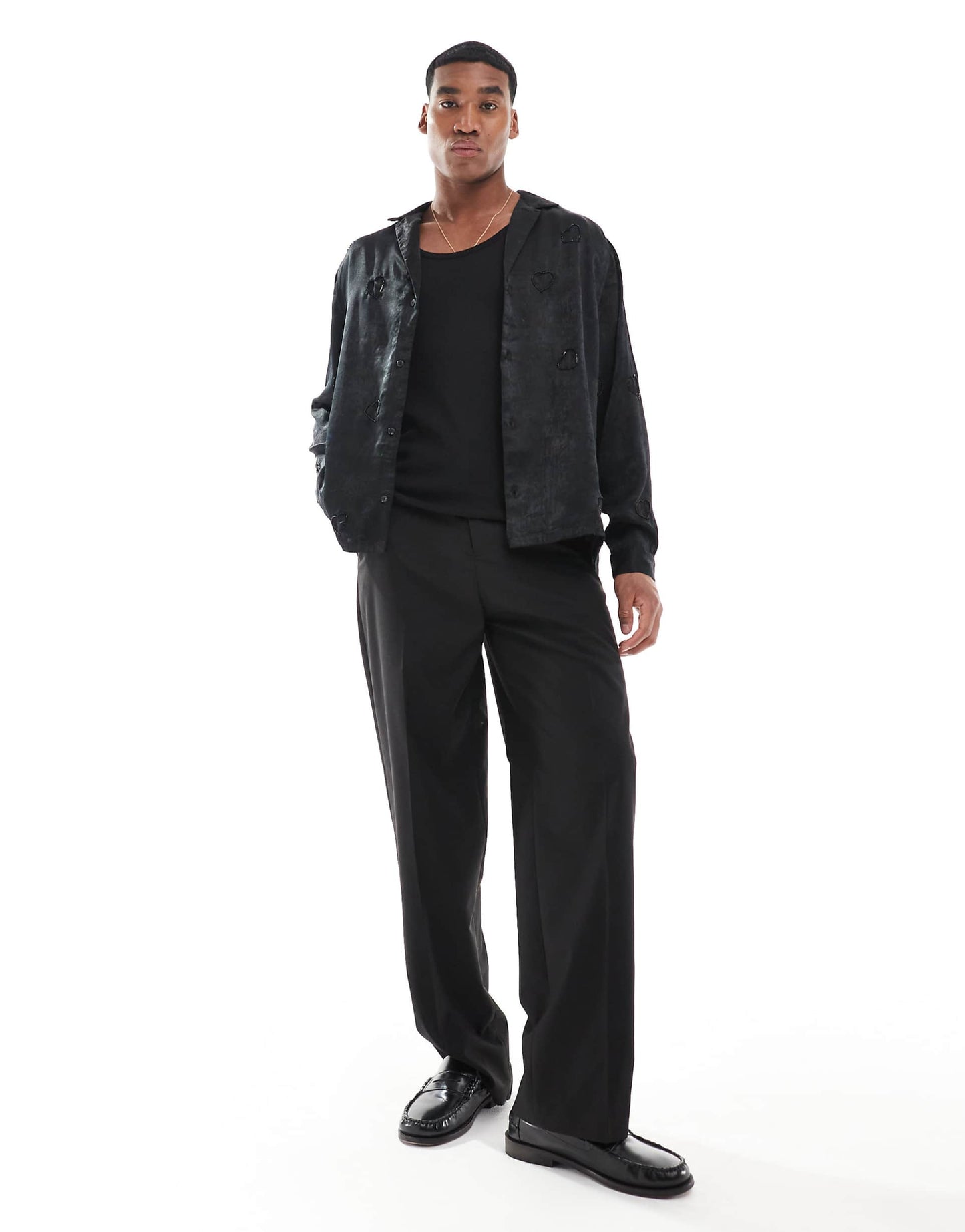 Deep Revere Satin Shirt With Heart Embellishment