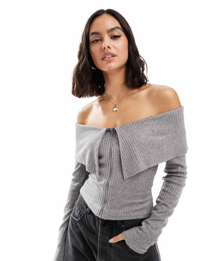 Long Sleeve Off Shoulder Zip Front Jumper