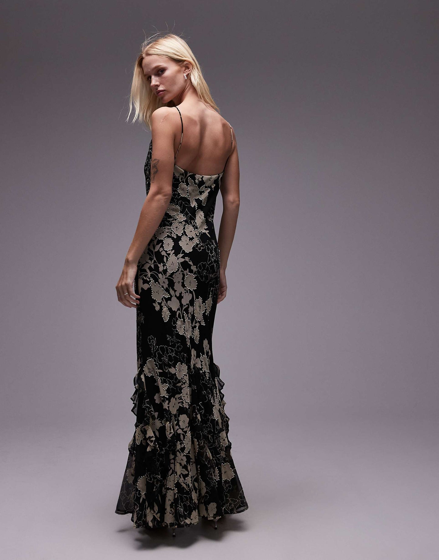 Black And White Beaded Floral Maxi Slip Dress With Godets