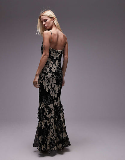 Black And White Beaded Floral Maxi Slip Dress With Godets