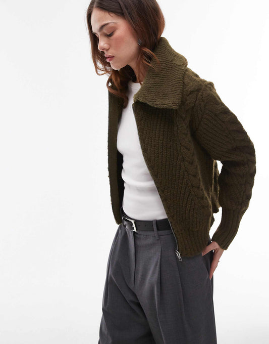 Knitted Extreme Collar Zip Through Cable Cardi