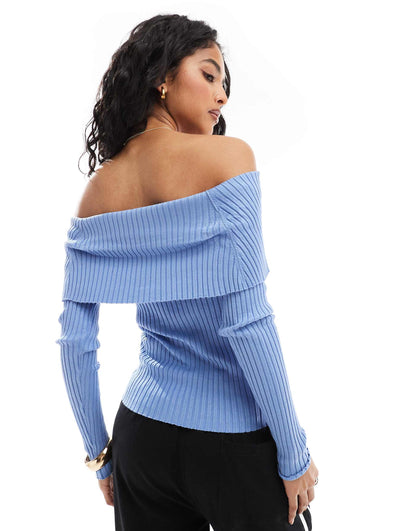 Ribbed Fold Over Bardot Jumper