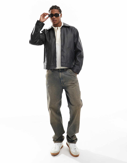 Boxy Fit Vintage Faux Leather Biker Jacket