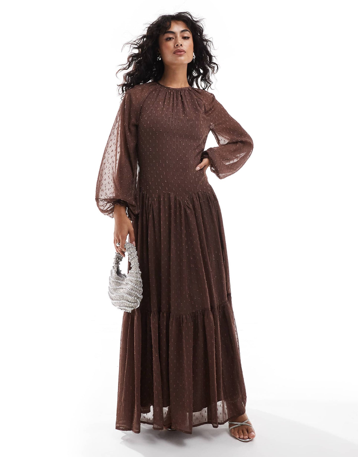 Burnout Jacquard High Neck Scalloped Godet Maxi Dress