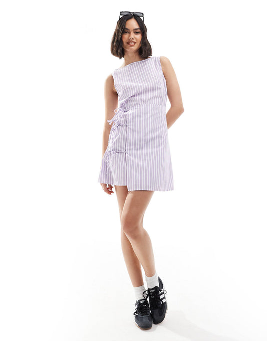 Poplin Slash Neck Mini Dress With Wrap And Tie Detail