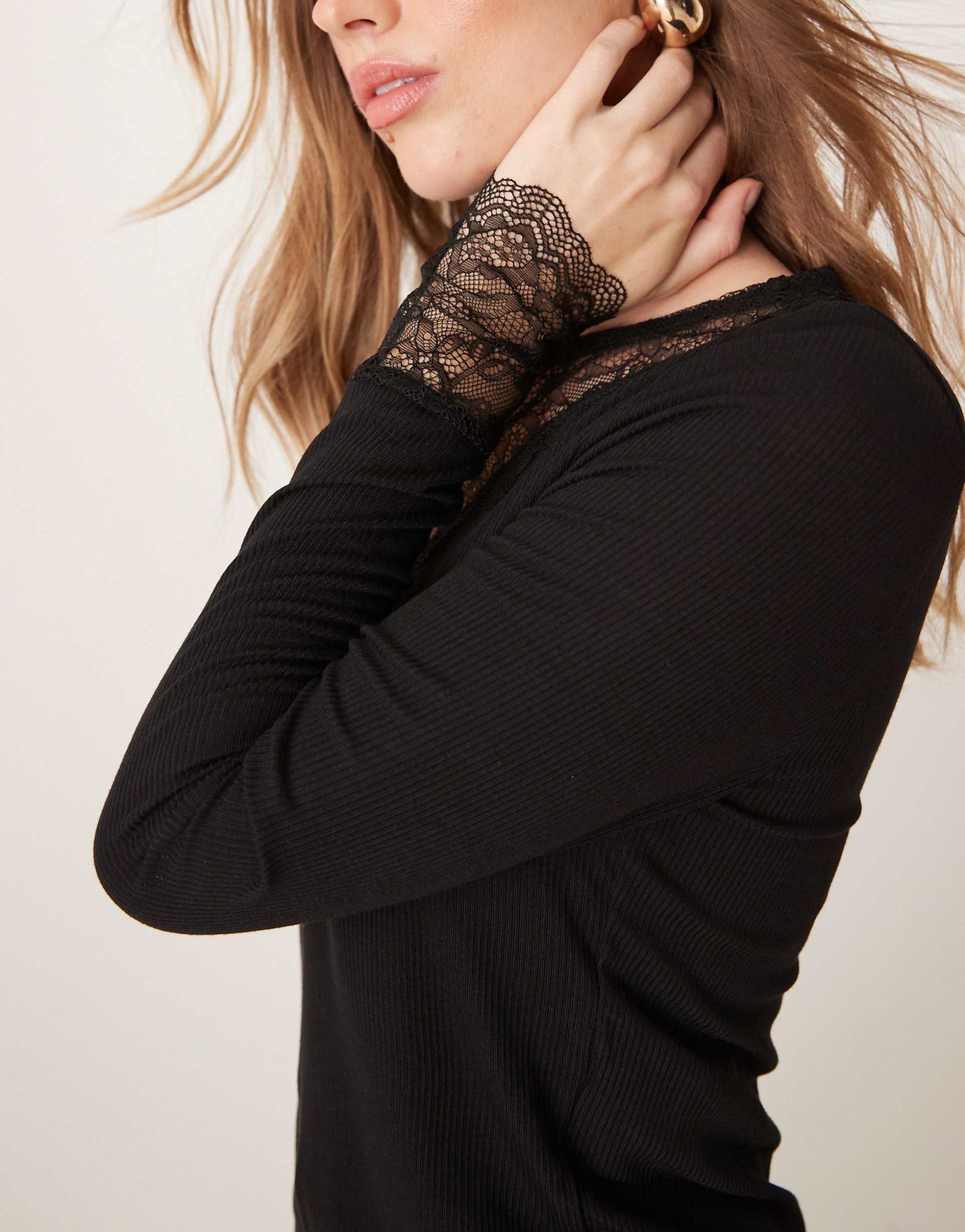 Lace Trim Ribbed Top