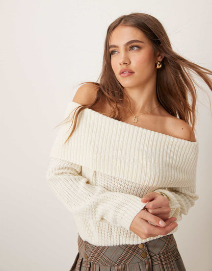 Off Shoulder Ribbed Knitted Jumper
