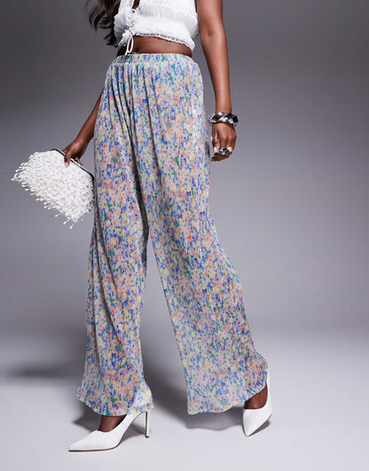 Co-Ord Wide Leg Plisse Mesh Floral Trouser