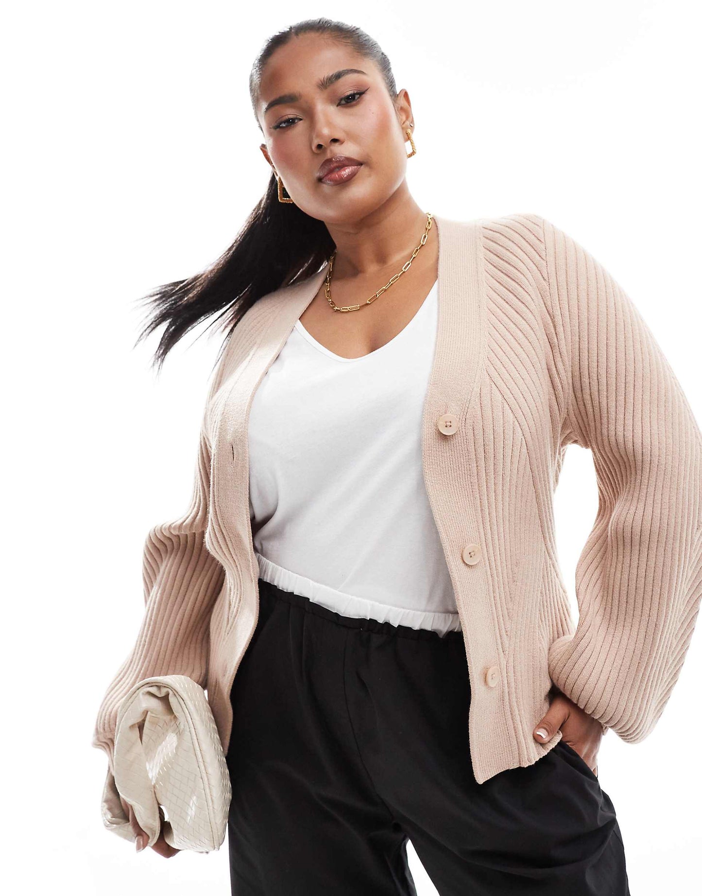 Curve Structured Sleeve Cardigan With Rib Detail
