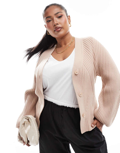 Curve Structured Sleeve Cardigan With Rib Detail
