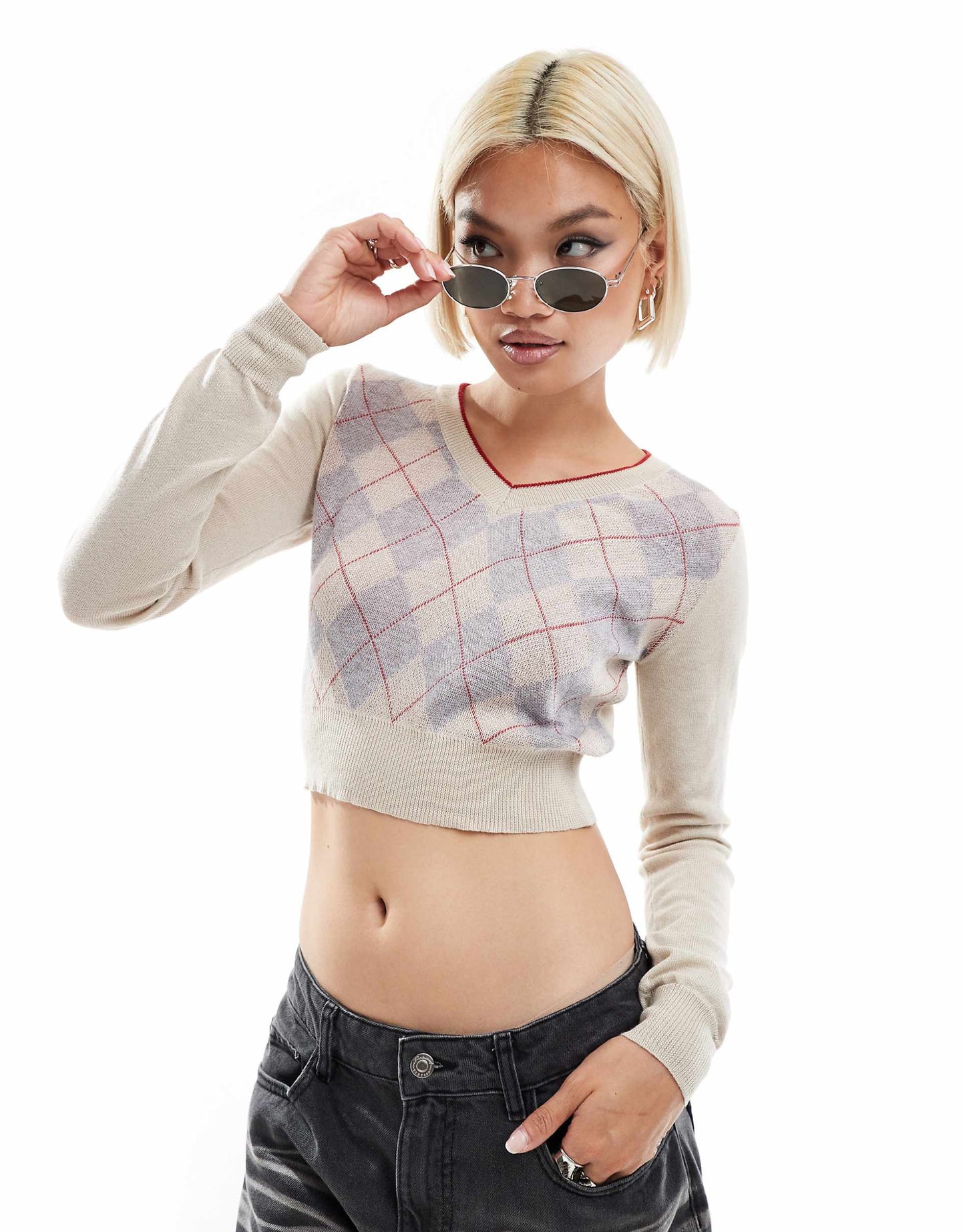 Cream Argyle Pattern V-Neck Cropped Jumper With Contrast Sleeves