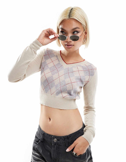 Cream Argyle Pattern V-Neck Cropped Jumper With Contrast Sleeves