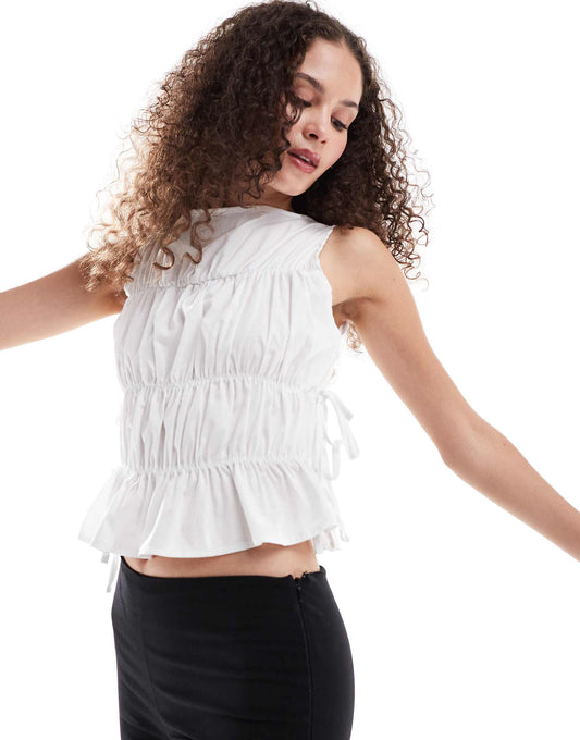 Poplin Shirred Tank Top With Tie Side