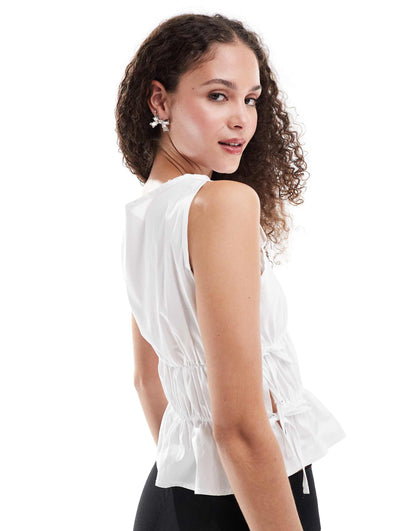 Poplin Shirred Tank Top With Tie Side