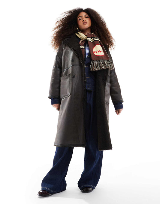 Curve Longline Shearling Jacket With Contrast Binding