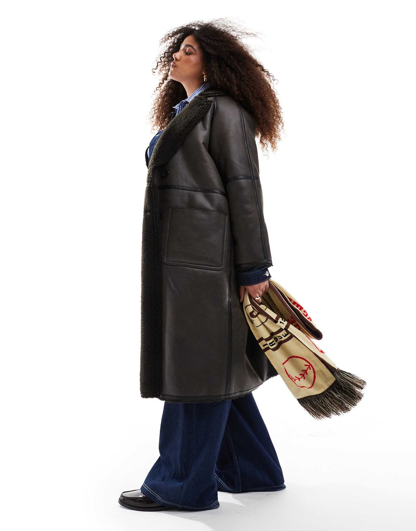 Curve Longline Shearling Jacket With Contrast Binding