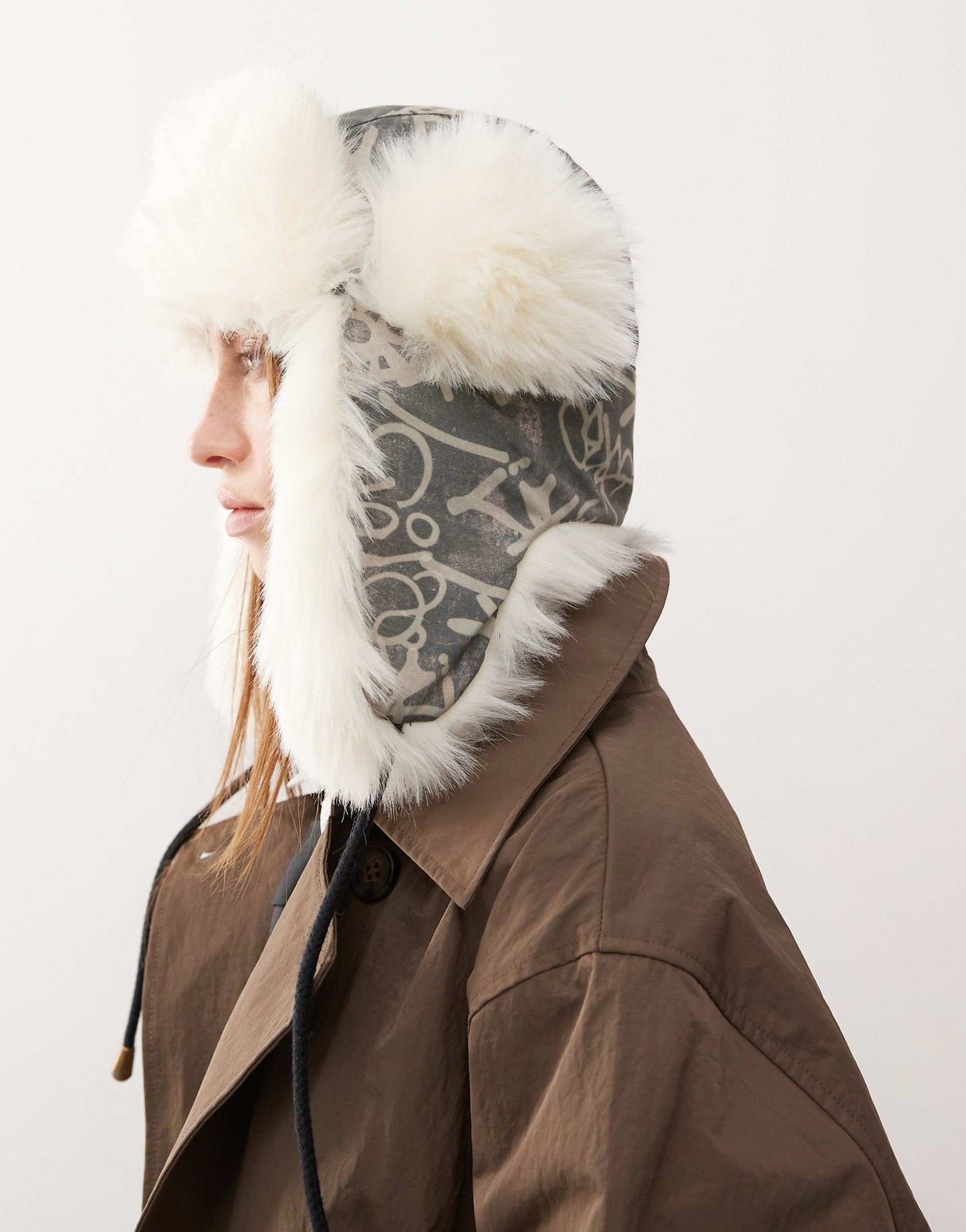 Graffiti Printed Trapper Hat With Borg Trim