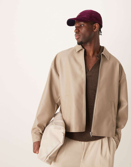 Faux Leather Cropped Harrington Jacket