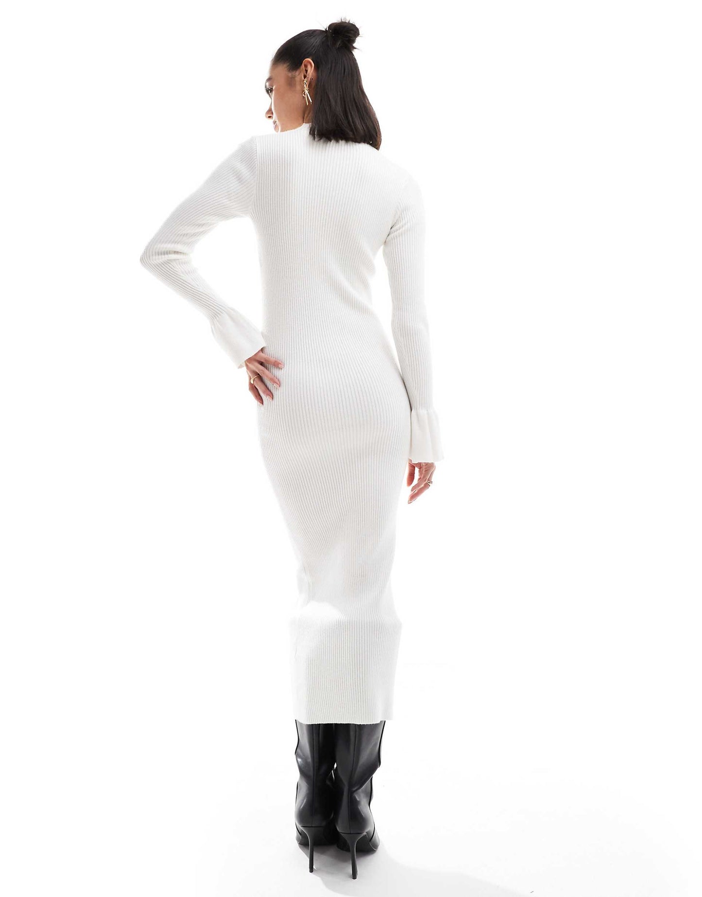 Exclusive Knitted High Neck Flared Sleeve Midi Jumper Dress