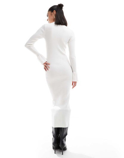 Exclusive Knitted High Neck Flared Sleeve Midi Jumper Dress