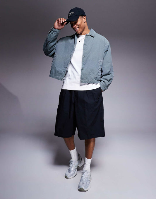Oversized Cropped Jacket With Contrast Stitch And Wash