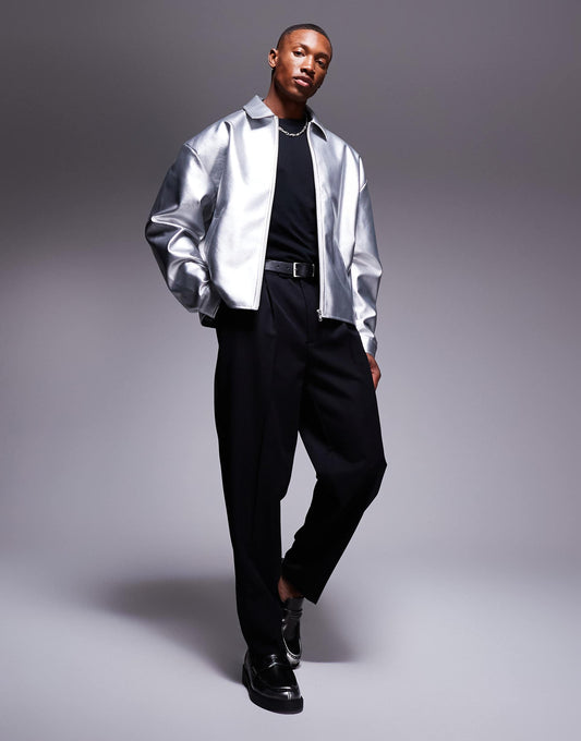 Faux Leather Cropped Harrington Jacket