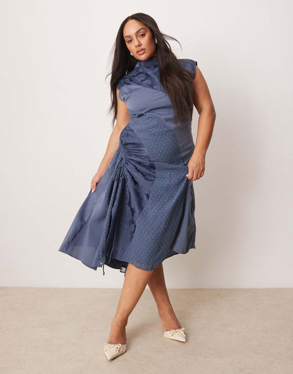 Curve Spliced Jacquard & Dobby Midi Dress With Ruched Side