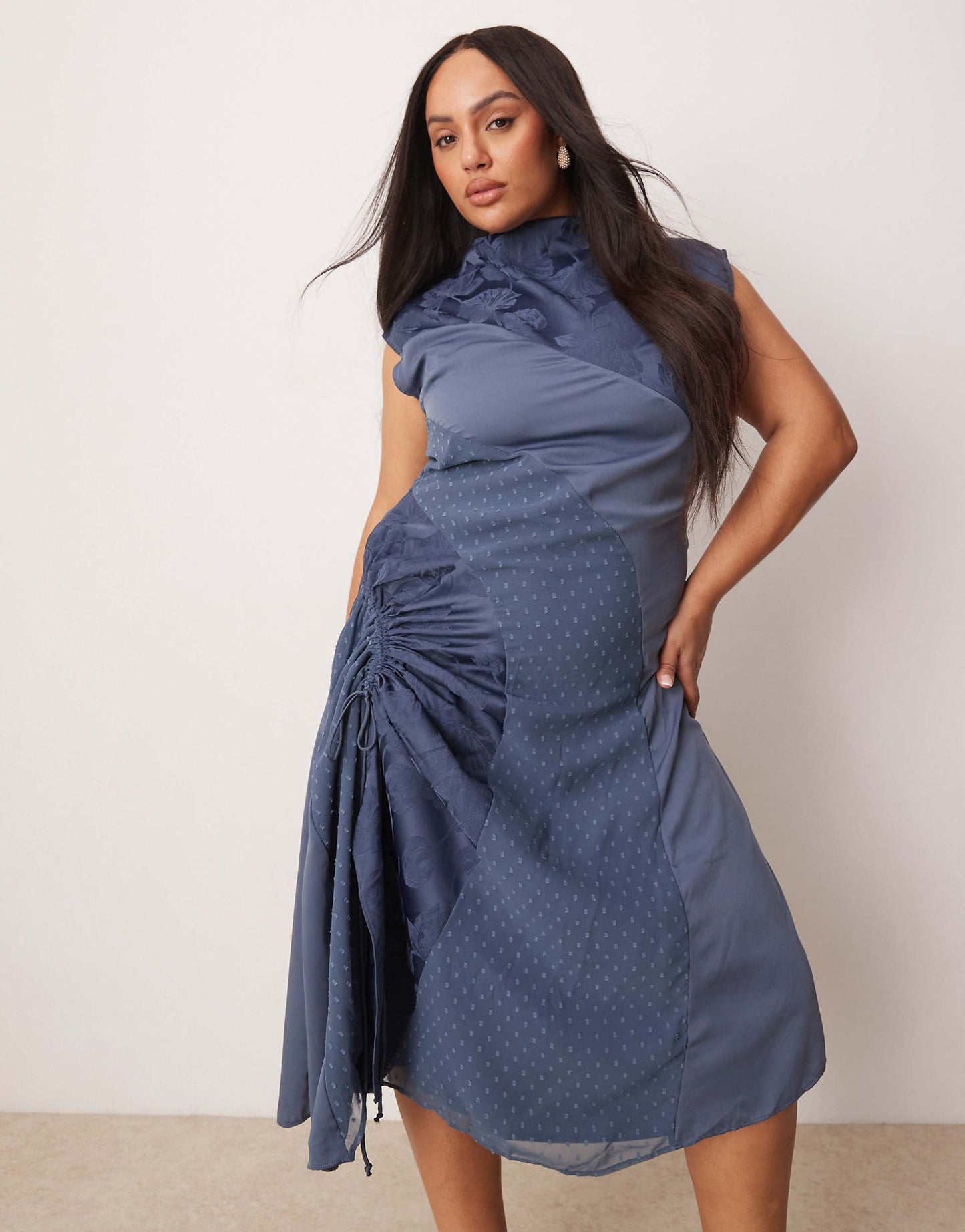 Curve Spliced Jacquard & Dobby Midi Dress With Ruched Side