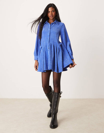 Cord Smock Mini Dress With Peplum Hem