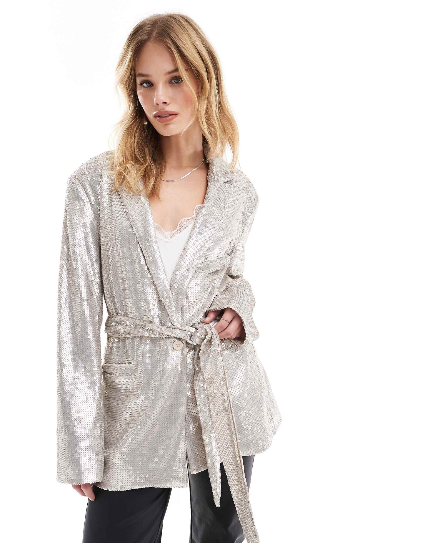 Sequin Tie Waist Blazer