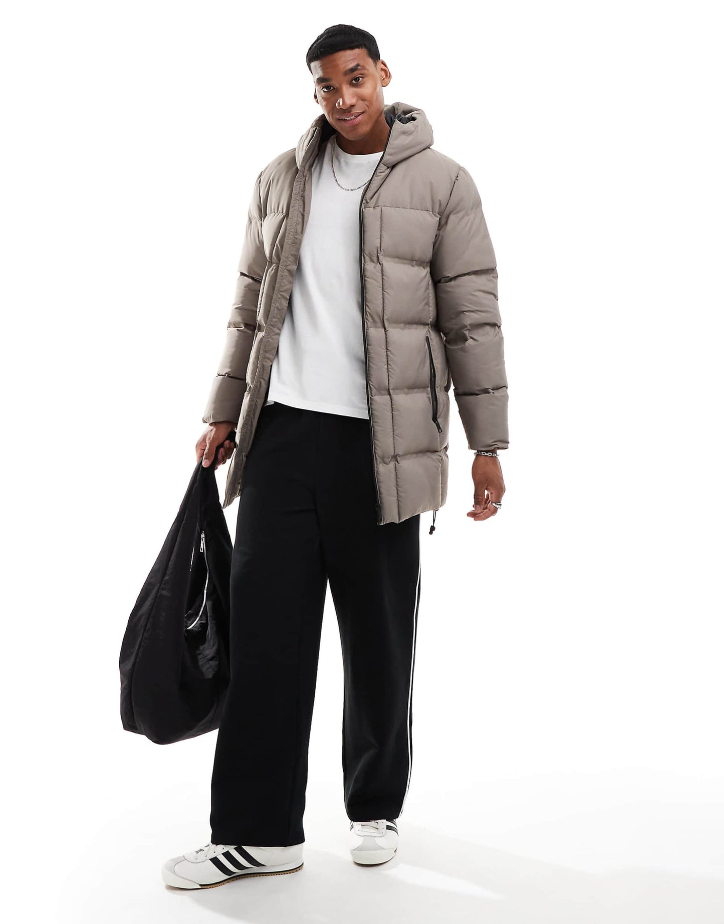 Longline Padded Puffer Jacket With Hood And Quilt Detail