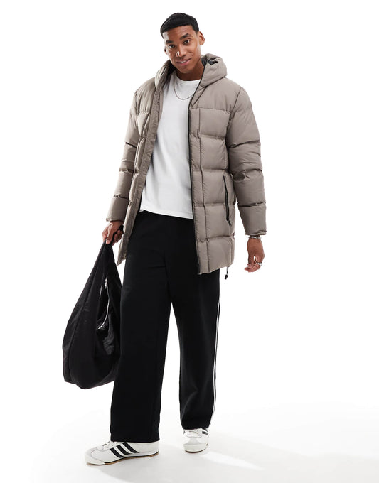Longline Padded Puffer Jacket With Hood And Quilt Detail
